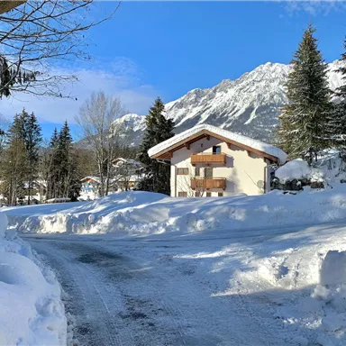 A picturesque winter landscape with snow-covered trees and a cozy house. The sky is clear and blue, in the background snow-covered mountains rise up.