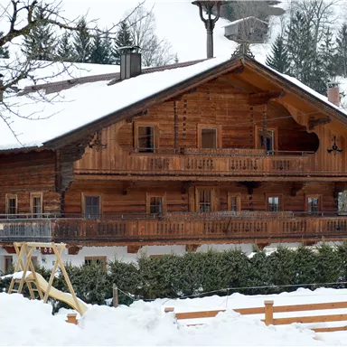 A traditional wooden house in the snow, surrounded by a beautiful, snow-covered garden. The balcony decorations and rustic style give the building a cozy character.