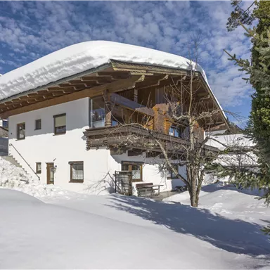 A modern house in the snow with a snow-covered roof.  
Surrounded by trees and clear sky.
