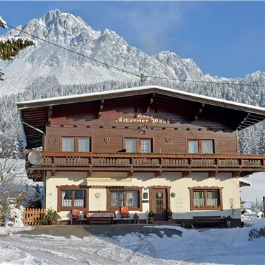 A charming wooden house in winter, surrounded by snow-covered trees and mountains. The clear blue sky shines over the peaceful landscape.