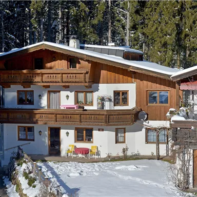 A cozy chalet in the snow, surrounded by trees. The facade is made of wood and features an inviting balcony.