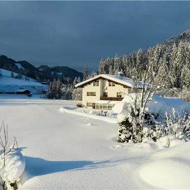 Eine verschneite Landschaft mit einem Haus und hohen Bäumen im Hintergrund. Der Himmel ist bewölkt und die Schneeoberfläche ist unberührt.