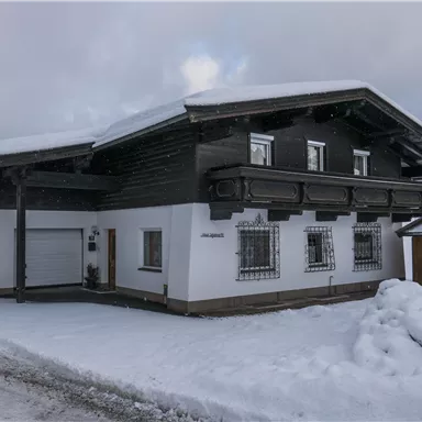 Ein charmantes Holzhaus im Schnee mit einem modernen Anbau. Die Umgebung ist winterlich und ruhig.
