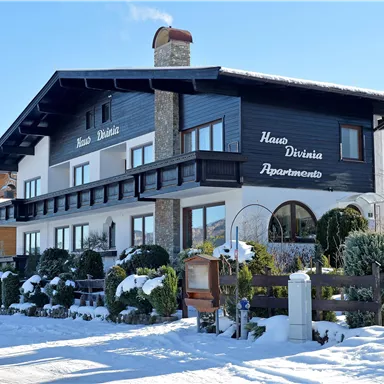 A charming building in alpine style, surrounded by snow and well-kept plants. It offers cozy apartments and an inviting entrance area.