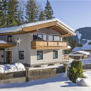 A modern house in the snow, surrounded by fir trees. Snow-covered mountains are visible in the background.