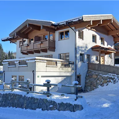 A modern house in the snow, surrounded by trees and a picturesque winter landscape. The architecture blends traditional and contemporary elements.