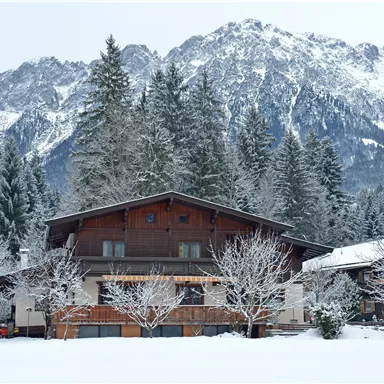 A picturesque house in the snow, surrounded by snow-covered trees. In the background, majestic mountains rise.