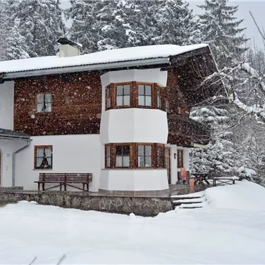 A beautiful chalet in the snow, surrounded by snow-covered trees. The windows are inviting, and large snowflakes are falling.