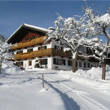 Ein gemütliches Haus im Schnee, umgeben von schneebedeckten Bäumen. Die klare Winterlandschaft strahlt Ruhe und Frieden aus.