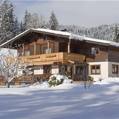 A cozy wooden house in the snow, surrounded by snow-covered trees. The sky is clear, and the winter landscape appears peaceful.