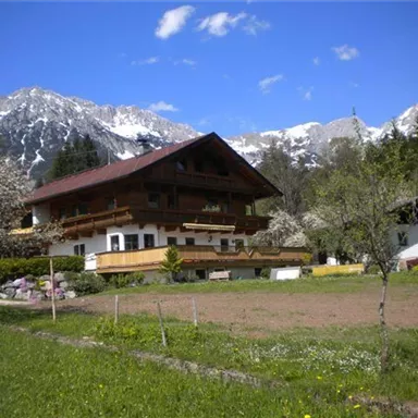 Ein traditionelles Bauernhaus umgeben von grünen Wiesen und blühenden Bäumen. Im Hintergrund sind majestätische Berge mit schneebedeckten Gipfeln sichtbar.