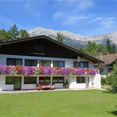 Ein malerisches Haus mit bunten Blumenkästen und einem gepflegten Garten. Im Hintergrund sind hohe Berge und ein klarer blauer Himmel zu sehen.