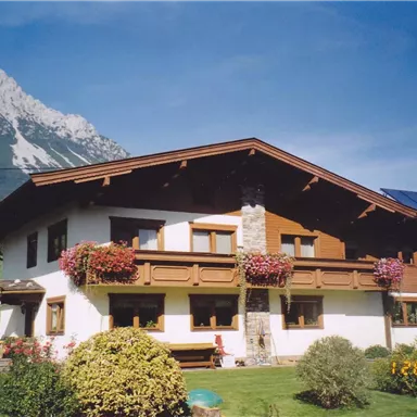 A traditional house with a beautiful garden and blooming plants. In the background, majestic mountains can be seen.