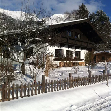 A traditional wooden house in the snow with a green tree in the foreground. The landscape is clear and sunny, with mountains in the background.