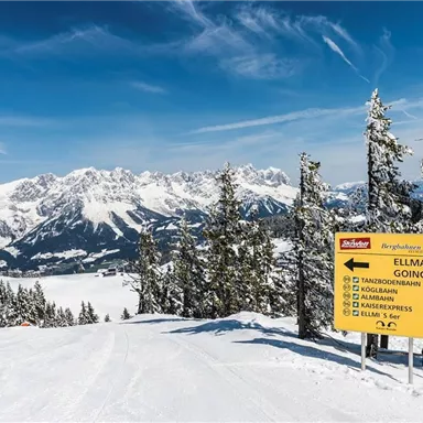A sunny mountain landscape with snow-capped peaks and green trees. A signpost indicates the direction to Ellmau.