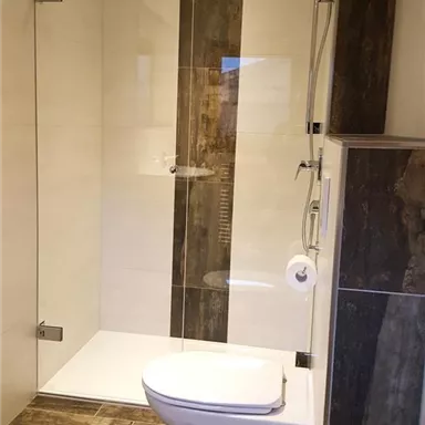 A modern bathroom with a walk-in shower and a toilet. The walls are in bright shades, and the floor is made of dark tiles.