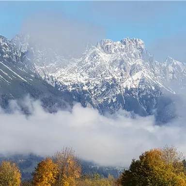 An impressive mountain landscape with snow-capped peaks and dense clouds. In the foreground, autumn trees in warm colors can be seen.
