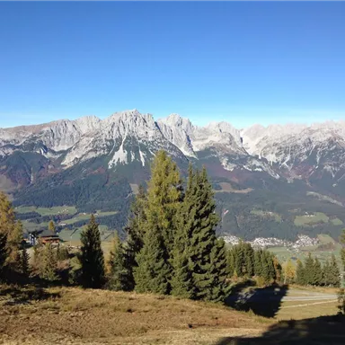 Eine beeindruckende Gebirgslandschaft mit hohen Bergen und klarem Himmel. Bäume umrahmen die Aussicht auf das Tal und die umliegenden Gipfel.