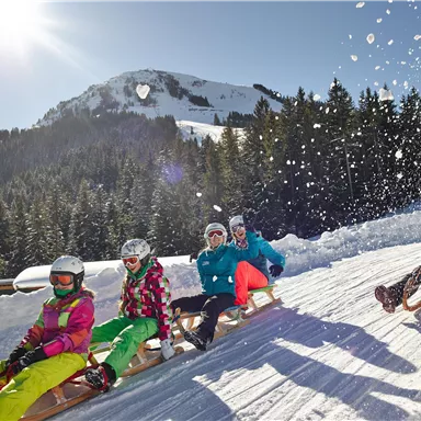 Eine Gruppe von fröhlichen Menschen fährt mit Schlitten einen verschneiten Hang hinunter. Im Hintergrund sind verschneite Berge und sonniger Himmel zu sehen.