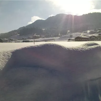 Eine verschneite Landschaft mit sanften Hügeln im Hintergrund. Die Sonne scheint und reflektiert auf dem Schnee.