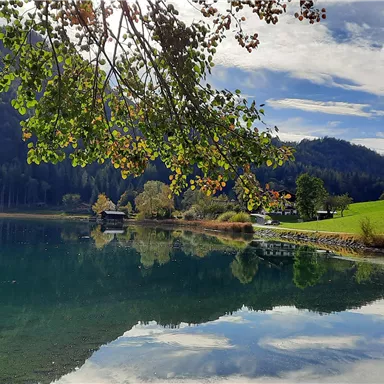 A tranquil lake surrounded by green meadows and trees. The sky is clear and reflects in the water.
