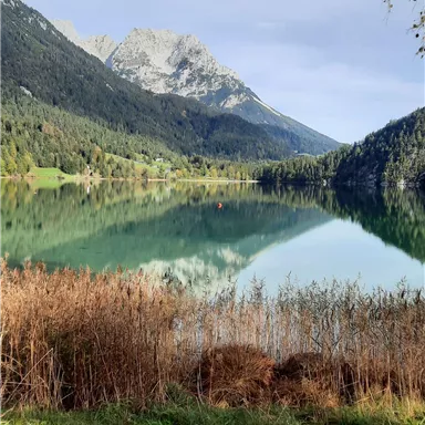 A calm lake surrounded by mountains and green forests. The water reflects the landscape and the sky is slightly overcast.