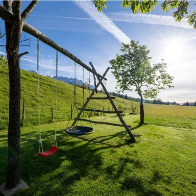 Ein Spielplatz mit einer Schaukel und einer großen Wiese. Die Sonne scheint und der Himmel ist klar.