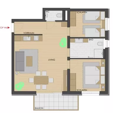 A floor plan drawing of an apartment with a living room, two bedrooms, and a bathroom. The balcony is also marked, as well as the areas for the toilet and foyer.