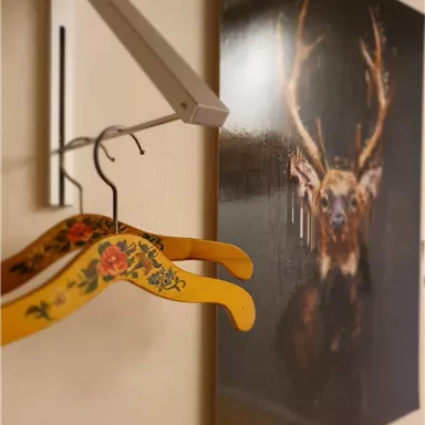 A colorful hanger is hanging on a wall, next to it is a piece of art featuring a buck. The combination of the hanger and the picture gives the room a cozy atmosphere.