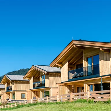 Modern wooden chalets in a picturesque landscape. Clear skies and green meadows surround the buildings.