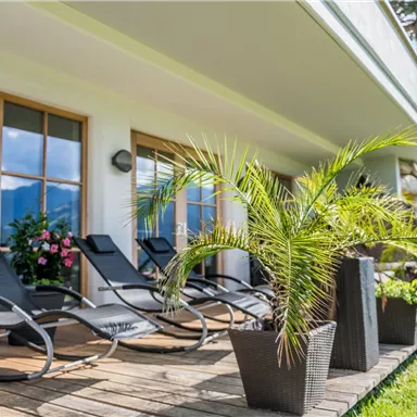 Ein gemütlicher Außenbereich mit Liegen und Topfpflanzen. Im Hintergrund sind Fenster und eine grüne Wiese zu sehen.