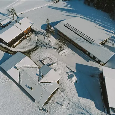Eine verschneite Landschaft mit mehreren Gebäuden. Die Dächer sind dick mit Schnee bedeckt und die Umgebung ist ruhig und winterlich.