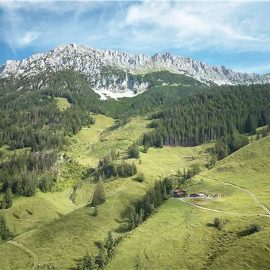 Eine malerische Landschaft mit grünen Hügeln und einem großen Gebirgszug. Im Vordergrund ist eine kleine Hütte umgeben von Bäumen und Wiesen.