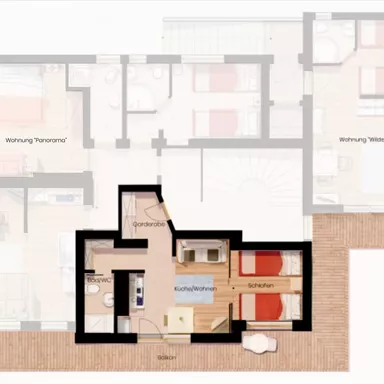 A detailed floor plan drawing of an apartment. It shows different rooms such as bedroom, living room, and bathroom.