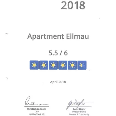 Eine Empfehlung für das Apartment Ellmau auf HolidayCheck mit einer Bewertung von 5,5 von 6. Das Dokument stammt aus April 2018.