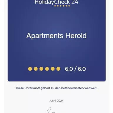 A certificate for the Herold apartments with a rating of 6.0/6.0. The accommodation is recommended as one of the highest rated worldwide.