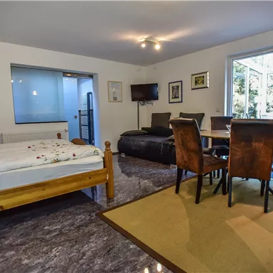 Ein gemütliches Apartment mit einem Bett, einem Sofa und einem Essbereich. Große Fenster lassen viel Tageslicht herein und bieten einen Blick auf die Terrasse.