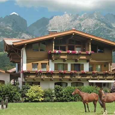 A charming chalet with flower boxes and a beautiful mountain landscape in the background. In the foreground, two horses stand on a green meadow.