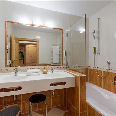 A modern bathroom with a large sink and a shower cubicle. The walls are brightly tiled and a bathtub is also available.