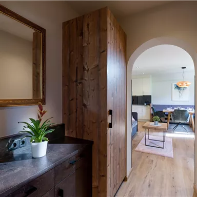 Ein moderner Eingangsbereich mit einem großen Spiegel und einem Holztür. Im Hintergrund ist ein helles Wohnzimmer sichtbar.