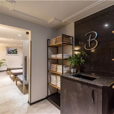 Ein eleganter Wellnessbereich mit einem Empfangstresen aus dunklem Stein. Saubere Handtücher und Pflanzen schaffen eine entspannende Atmosphäre.