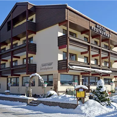 An attractive hotel with a restaurant in a snow-covered environment. The facade is modern and inviting, surrounded by a wintry landscape.