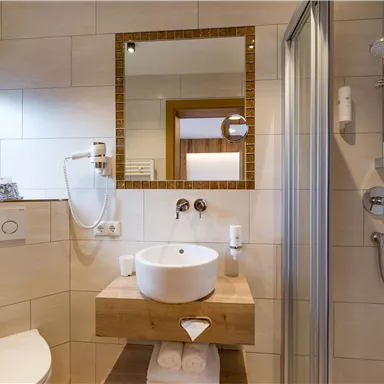Ein modernes Badezimmer mit einer eleganten Waschschüssel auf einem Holzregal. Die Dusche und der Spiegel vervollständigen das harmonische Design.