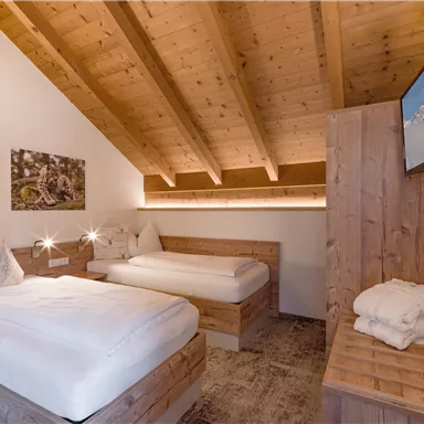 Ein gemütliches Schlafzimmer mit Holzdetails und zwei Einzelbetten. Die Einrichtung ist modern und einladend, ideal für entspannende Übernachtungen.