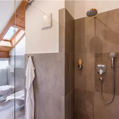 Ein modernes Badezimmer mit einer Dusche und hellem Fliesenboden. Oberlichter sorgen für viel Tageslicht.