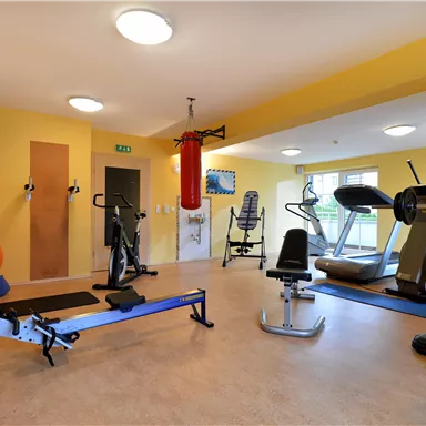 A well-equipped gym with various training machines. The walls are painted light yellow, and there are large windows that let in plenty of light.