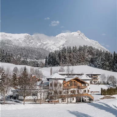 Eine idyllische Winterlandschaft mit schneebedeckten Hügeln und Bergen im Hintergrund. Im Vordergrund steht ein charmantes Holzhaus, umgeben von verschneitem Gelände.