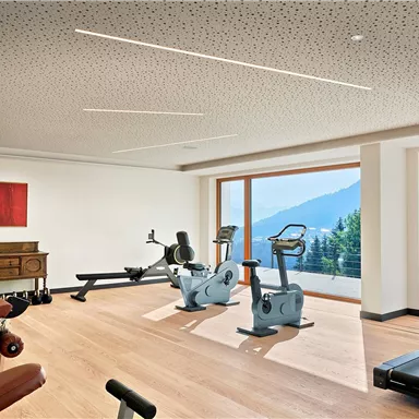 A modern gym with various equipment. Large windows offer a view of the mountains.