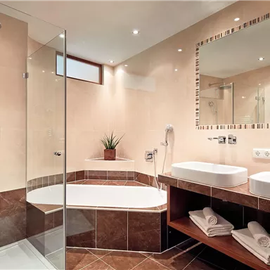 A modern bathroom with a shower and a bathtub. The sanitary facilities are stylish and well-lit.