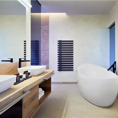A modern bathroom with a freestanding bathtub and double sinks. The walls are in soft colors, and large windows provide plenty of light.